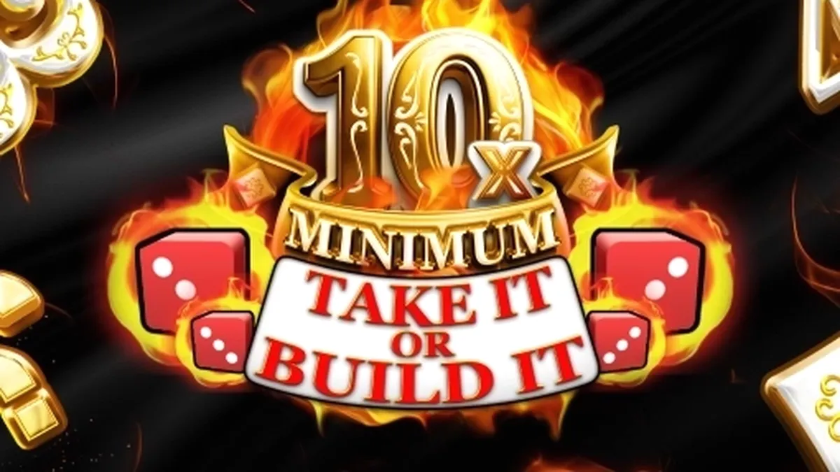 Interface do slot 10x Minimum Take It or Build It com fundo temático