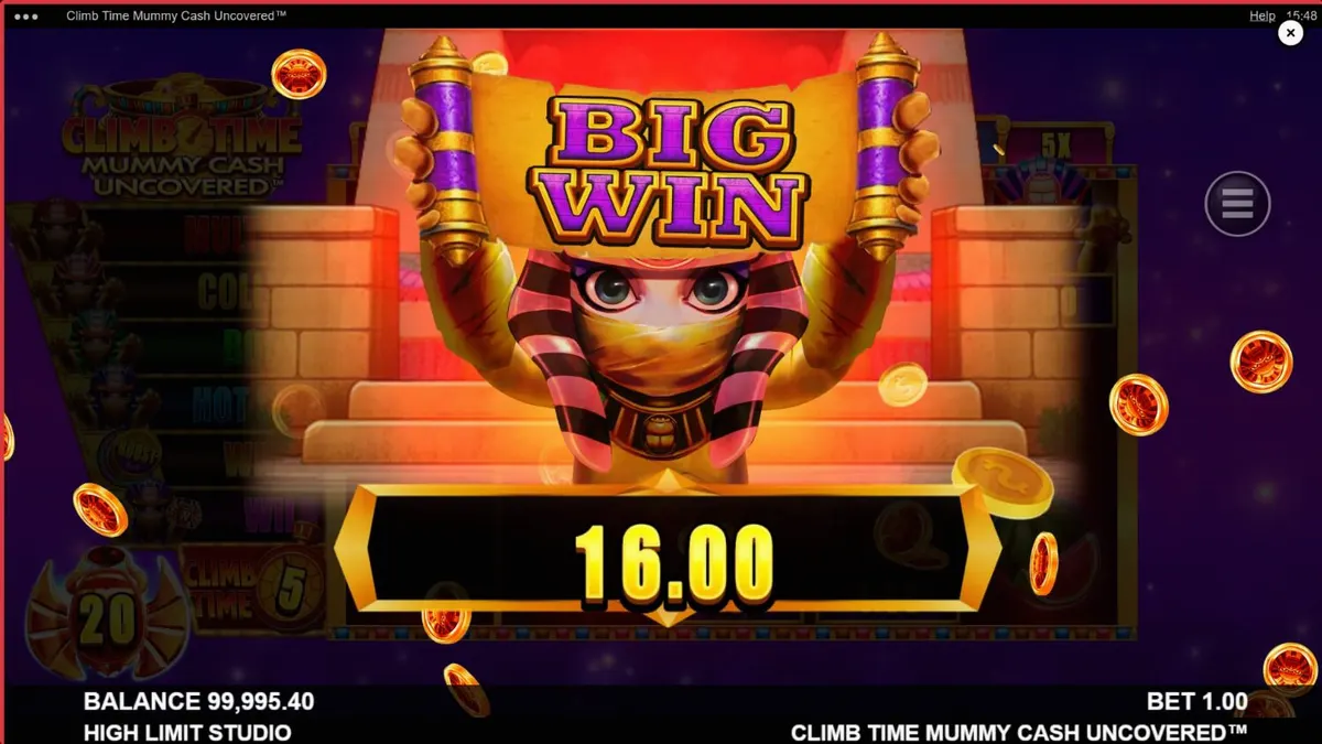 Interface do jogo Climb Time Mummy Cash Uncovered com elementos egípcios